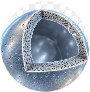 Cutaway visualization supplied by SpheroFill showing a smooth microsphere exterior, porous wall, and hollow internal cavity.